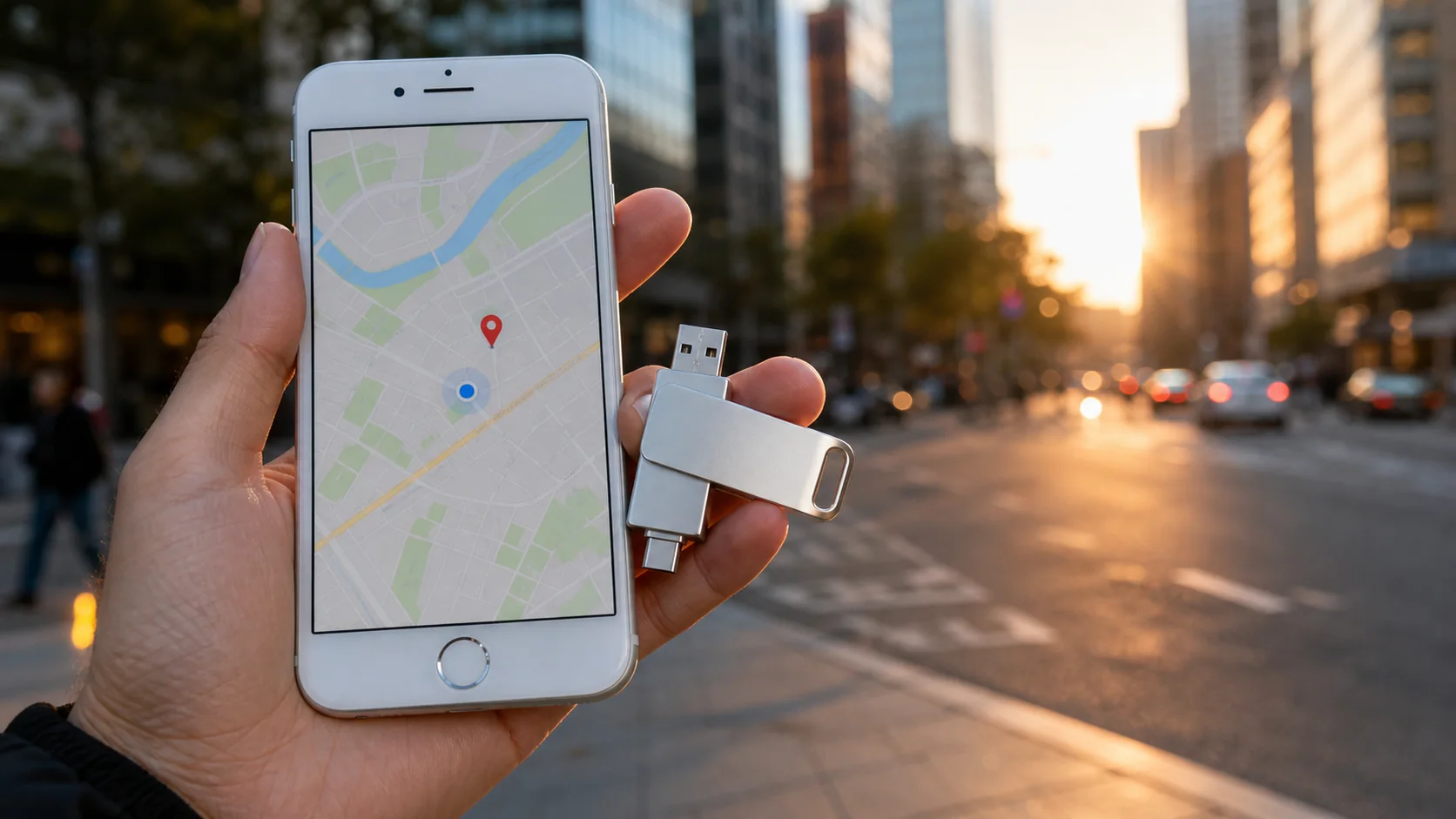 QPin Hardware shown with an iPhone in a city location-control scenario
