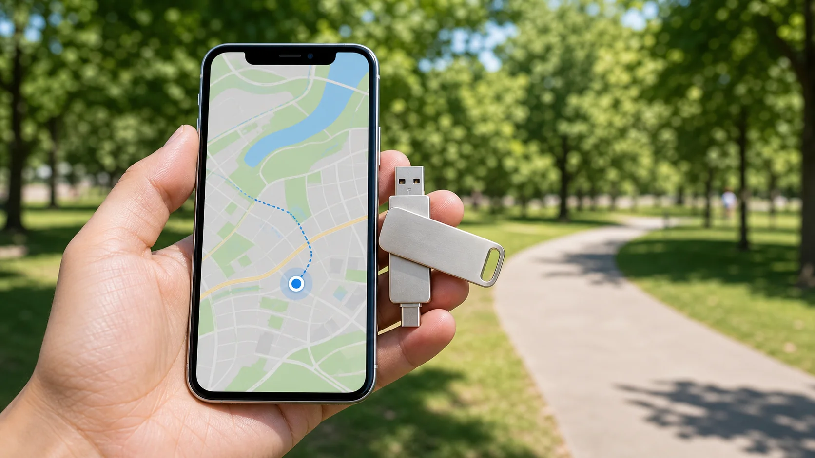 QPin Hardware shown with an iPhone in an outdoor location-control scenario