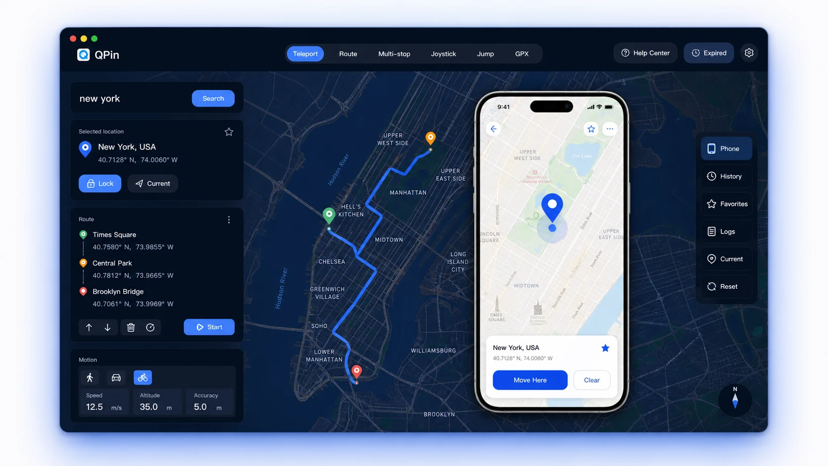 QPin Desktop software interface for iPhone location control